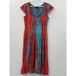 Lola P. Midi Dress Women's Medium Red/Blue Tie-Dye 100% Cotton Preppy Party Wear